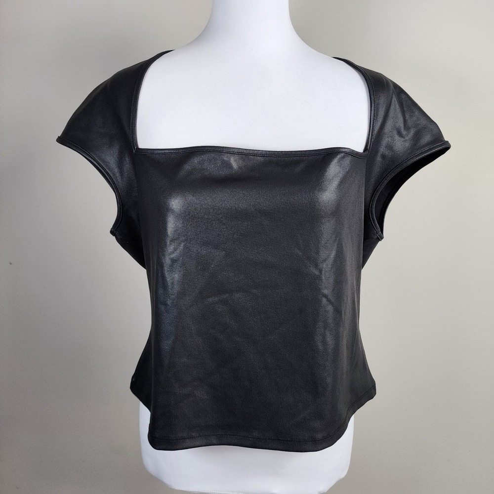 H&M Divided Faux Leather Top Womens XL Black Square Neck Goth Edgy Witchy Biker